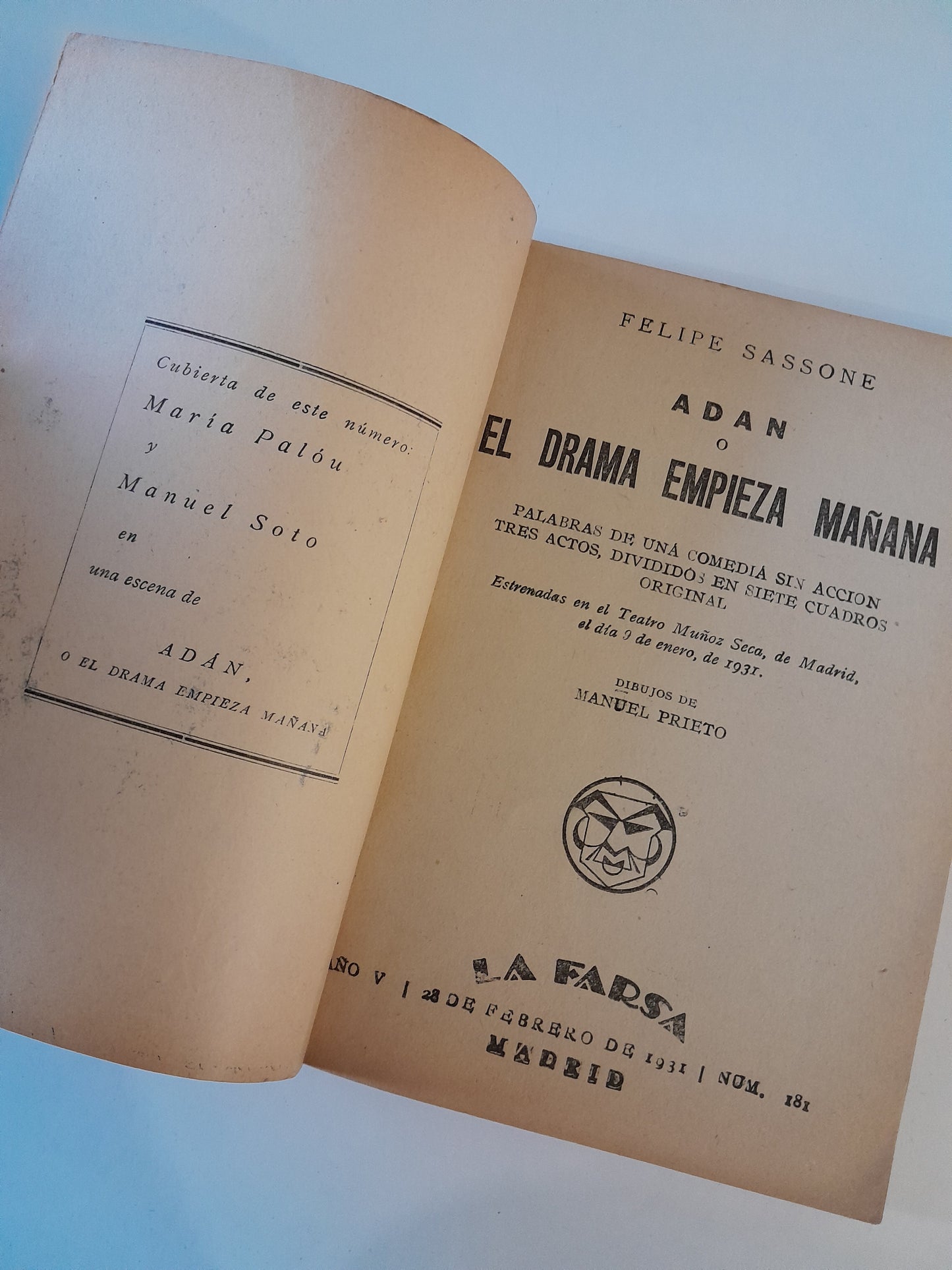 REVISTA DE TEATRO LA FARSA: ADAN O EL DRAMA EMPIEZA MAÑANA, DE FELIPE SASSONE - AÑO 5, NÚM. 181 (28 FEBRERO 1931)