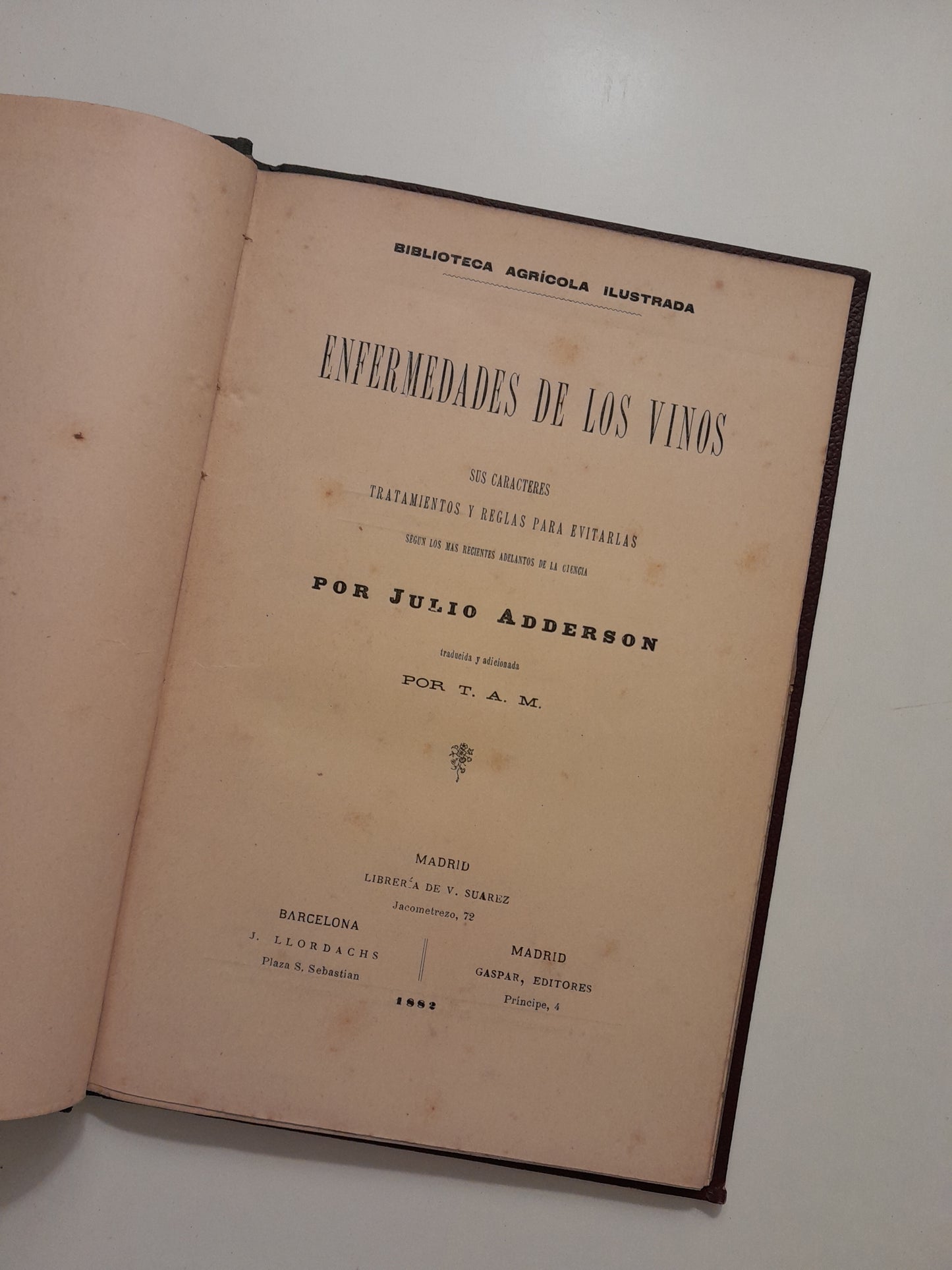 ENFERMEDADES DE LOS VINOS - JULIO ADDERSON (LIB. V. SUÁREZ, 1882)