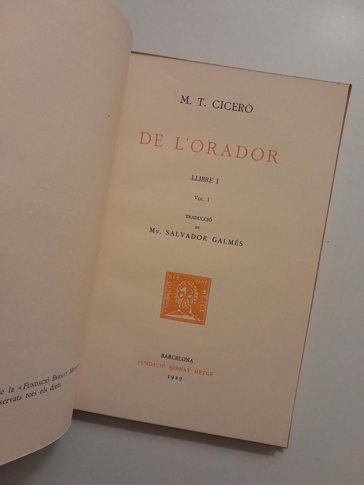 DE L'ORADOR I - M. T. CICERÓ (BERNAT METGE, 1929)