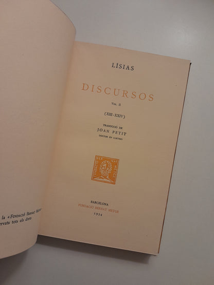 DISCURSOS II - LÍSIAS (BERNAT METGE, 1934)