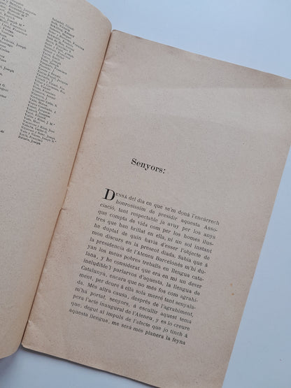 LA LLENGUA CATALANA. DISCURS PRESIDENCIAL LLEGIT EN LA SESSIÓ PÚBLICA CELEBRADA EN L'ATENEU BARCELONÈS LO 30 DE NOVEMBRE DE 1895 - ÀNGEL GUIMERÀ (TIP. L'AVENÇ, 1896)