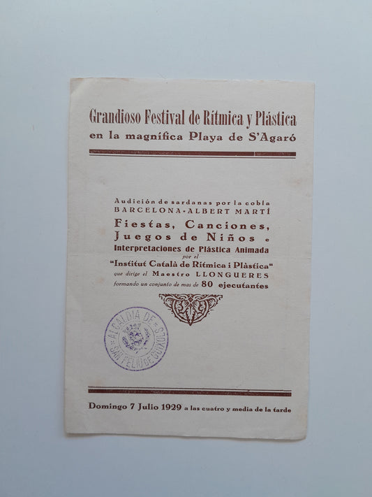 PROGRAMA FESTIVAL DE RÍTMICA Y PLÁSTICA BANYS DE S'AGARÓ (SANT FELIU DE GUÍXOLS, 1929)