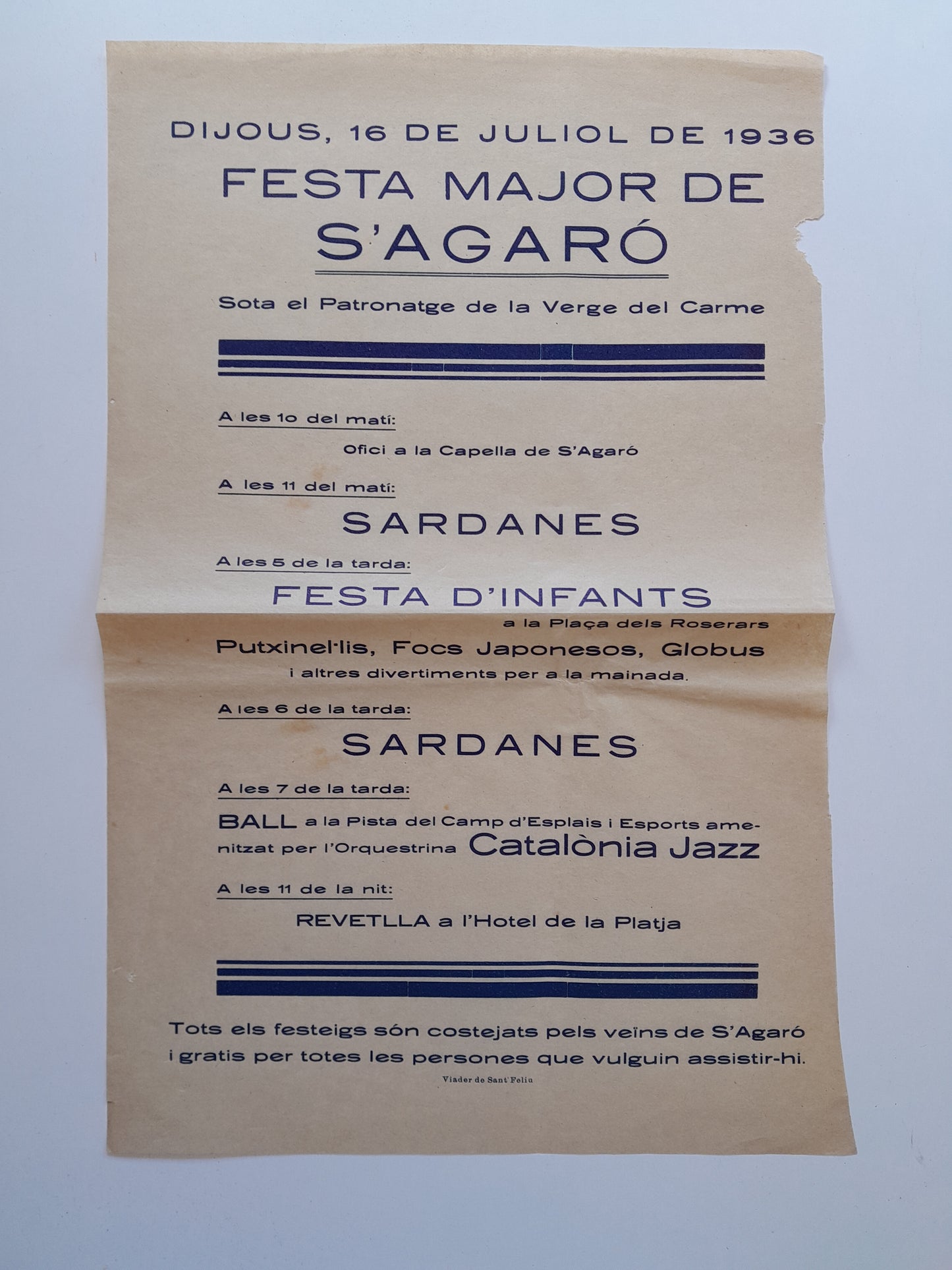 PROGRAMA FESTA MAJOR DE S'AGARÓ (SANT FELIU DE GUÍXOLS, 1936)