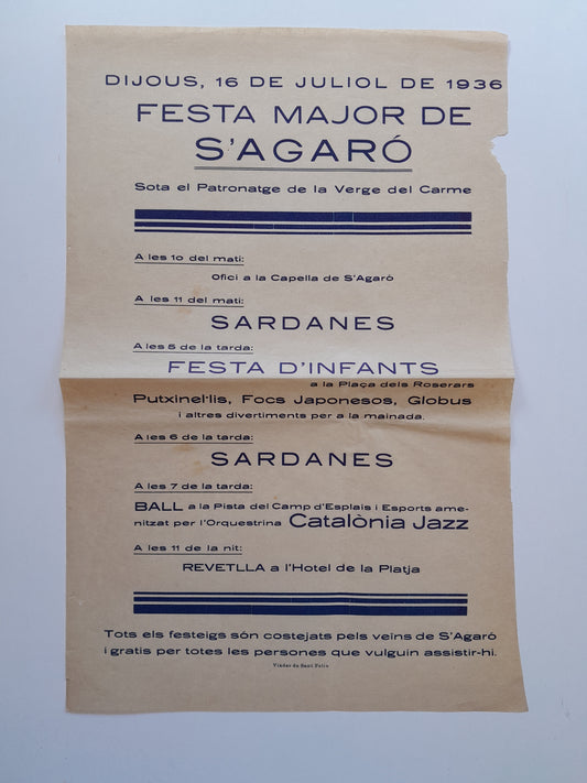 PROGRAMA FESTA MAJOR DE S'AGARÓ (SANT FELIU DE GUÍXOLS, 1936)
