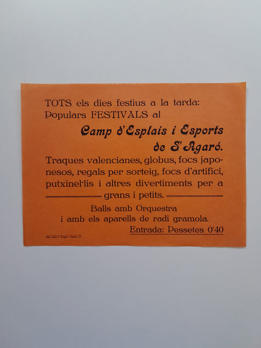 PROGRAMA FESTIVALS CAMP D'ESPLAIS I ESPORTS DE S'AGARÓ (SANT FELIU DE GUÍXOLS, c.1930)