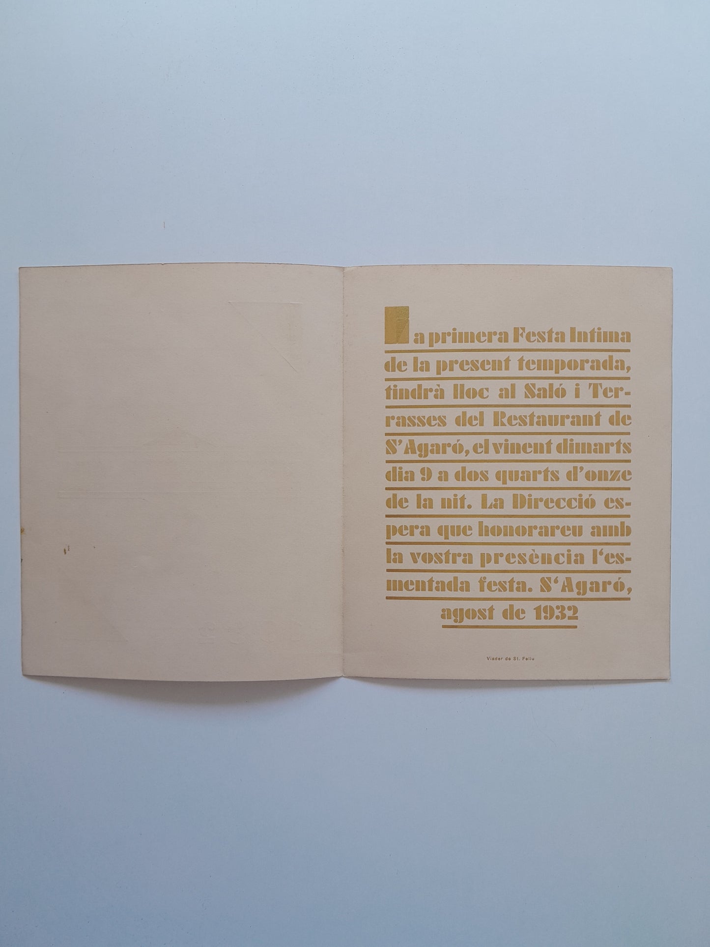 INVITACIÓ FESTES ÍNTIMES S'AGARÓ (SANT FELIU DE GUÍXOLS, 1932)