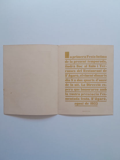 INVITACIÓ FESTES ÍNTIMES S'AGARÓ (SANT FELIU DE GUÍXOLS, 1932)