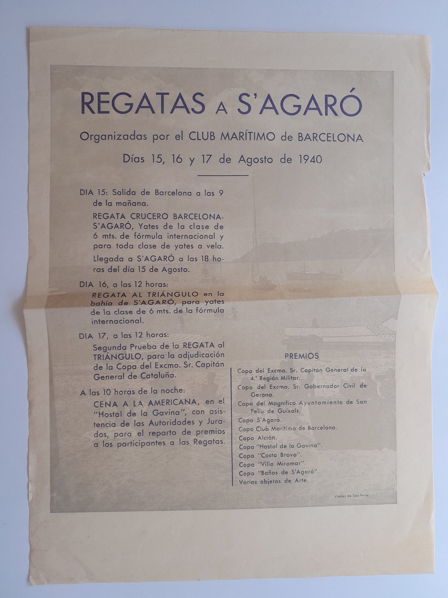 PROGRAMA REGATAS A S'AGARÓ ORGANIZADAS POR EL CLUB MARÍTIMO DE BARCELONA (SANT FELIU DE GUÍXOLS, 1940)