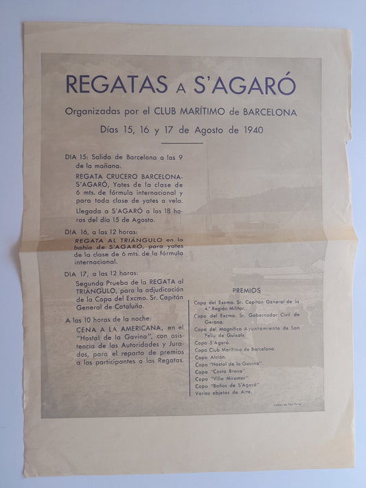 PROGRAMA REGATAS A S'AGARÓ ORGANIZADAS POR EL CLUB MARÍTIMO DE BARCELONA (SANT FELIU DE GUÍXOLS, 1940)