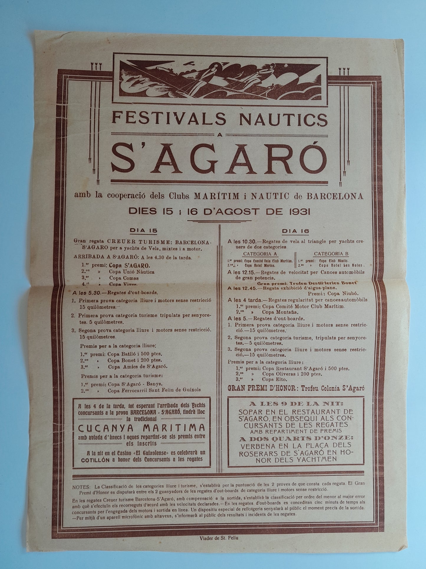 PROGRAMA FESTIVALS NÀUTICS DE S'AGARÓ (SANT FELIU DE GUÍXOLS, 1931)
