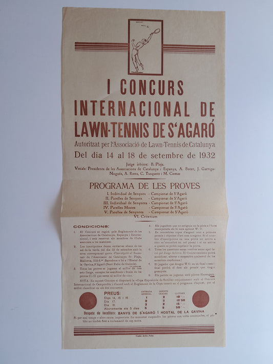 PROGRAMA I CONCURS INTERNACIONAL DE LAWN-TENNIS DE S'AGARÓ (SANT FELIU DE GUÍXOLS, 1932)