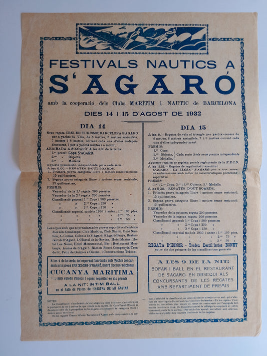 PROGRAMA FESTIVALS NÀUTICS DE S'AGARÓ (SANT FELIU DE GUÍXOLS, 1932)