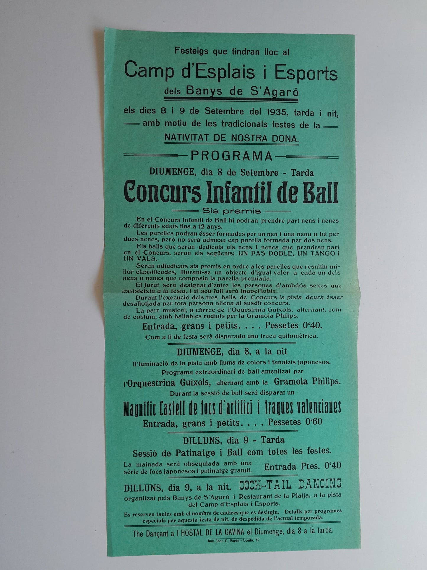 PROGRAMA FESTES AL CAMP D'ESPLAIS I ESPORTS DELS BANYS DE S'AGARÓ (SANT FELIU DE GUÍXOLS, 1935)