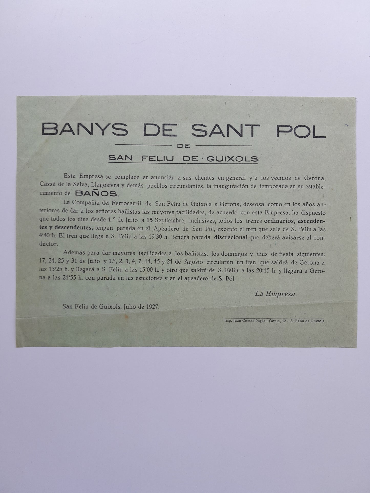INAUGURACIÓ TEMPORADA BANYS DE SANT POL O DE S'AGARÓ (SANT FELIU DE GUÍXOLS, 1927)
