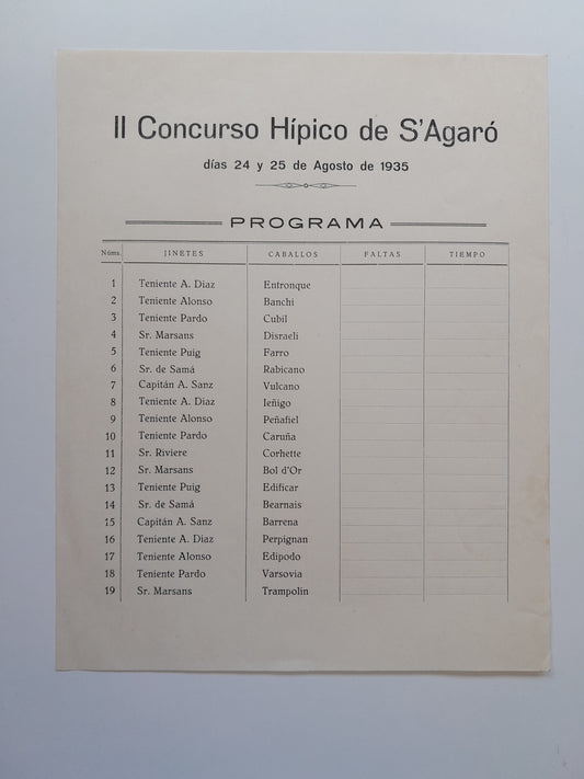 PROGRAMA II CONCURS HÍPIC DE S'AGARÓ (SANT FELIU DE GUÍXOLS, 1935)