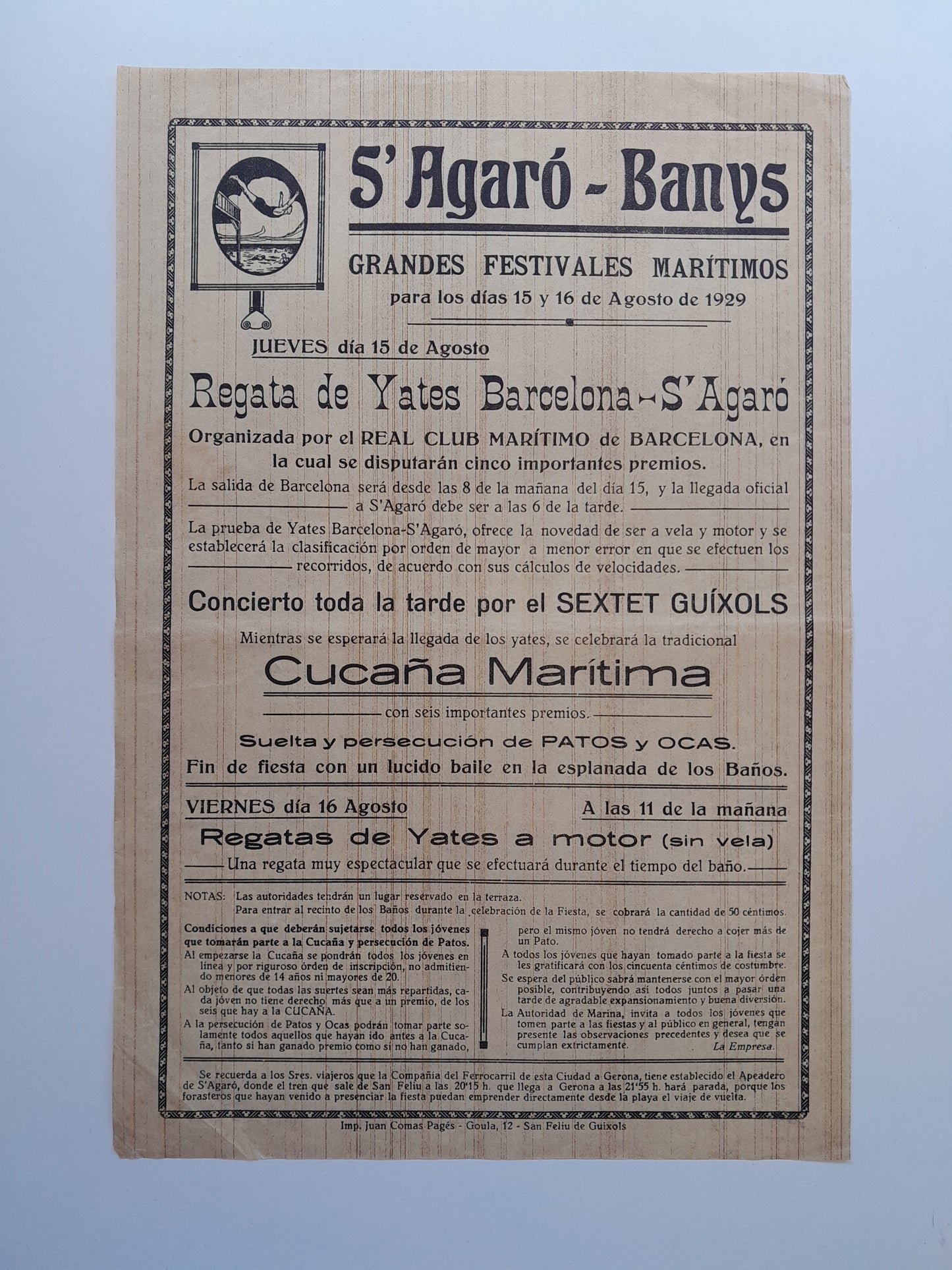 PROGRAMA FESTIVALS MARÍTIMS ALS BANYS DE S'AGARÓ (SANT FELIU DE GUÍXOLS, 1929)