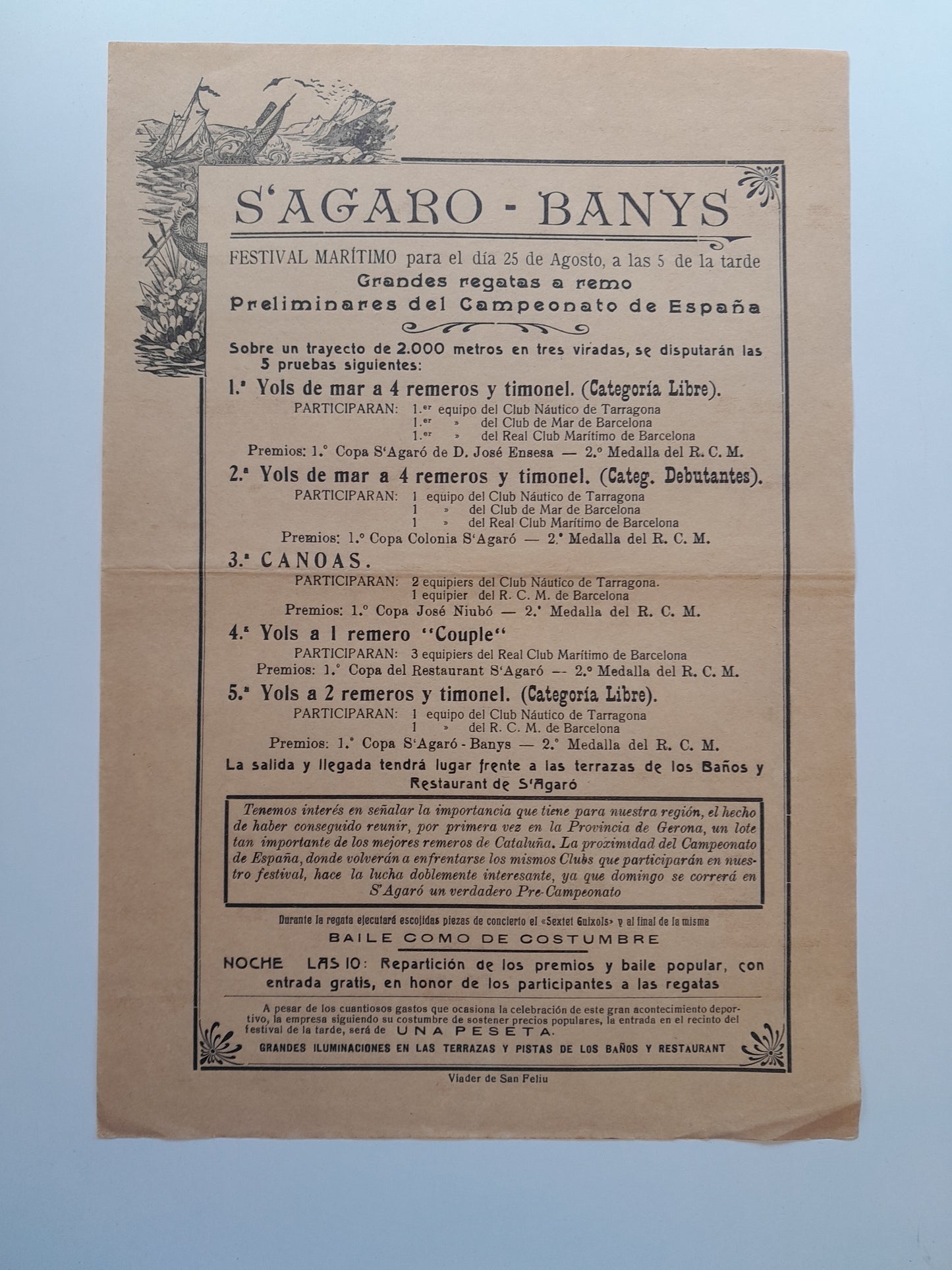 PROGRAMA FESTIVAL MARÍTIM DELS BANYS S'AGARÓ (SANT FELIU DE GUÍXOLS (SANT FELIU DE GUÍXOLS, c.1930)