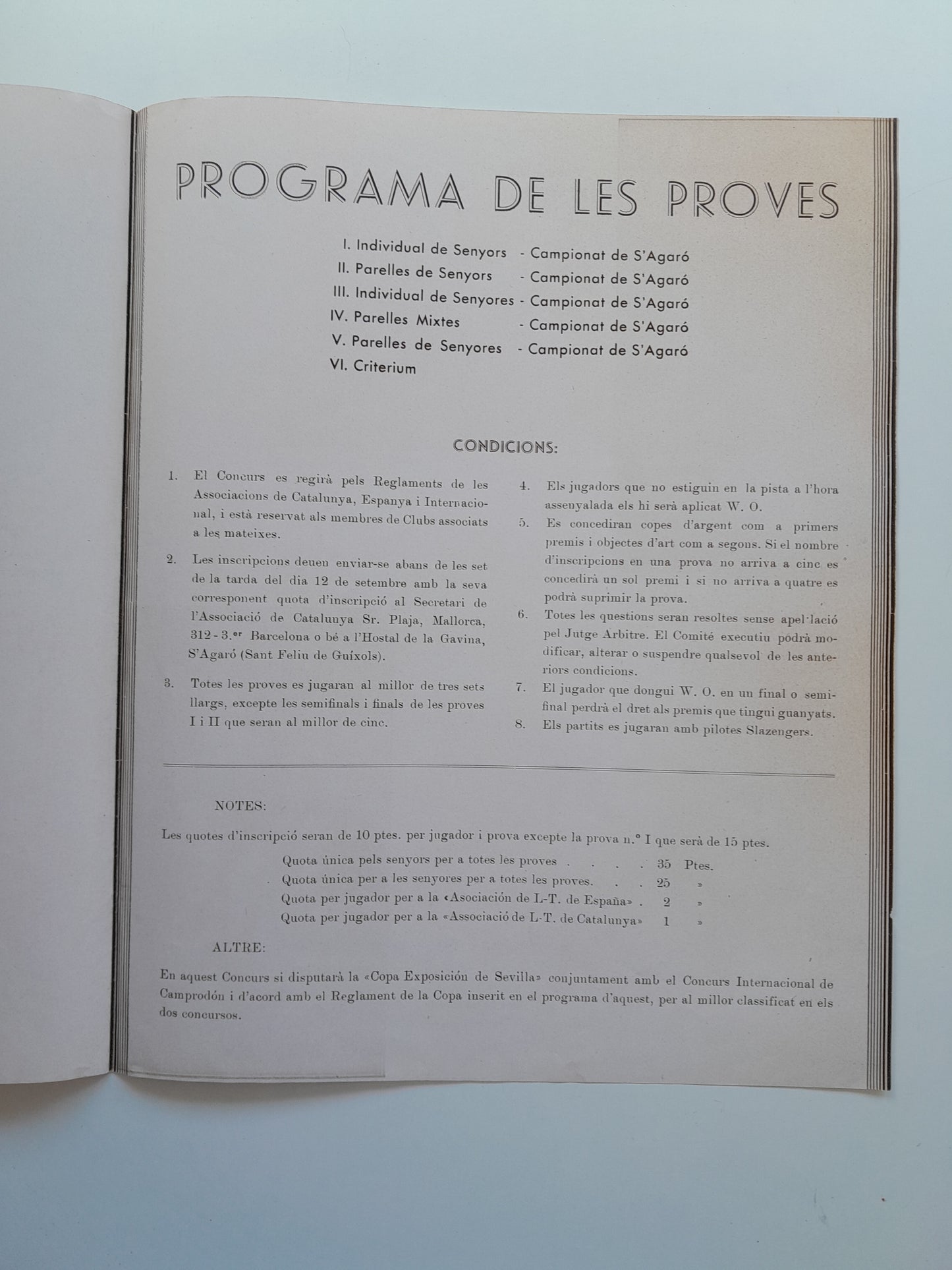 PROGRAMA I CONCURS INTERNACIONAL DE LAWN-TENNIS DE S'AGARÓ (SANT FELIU DE GUÍXOLS, 1932)