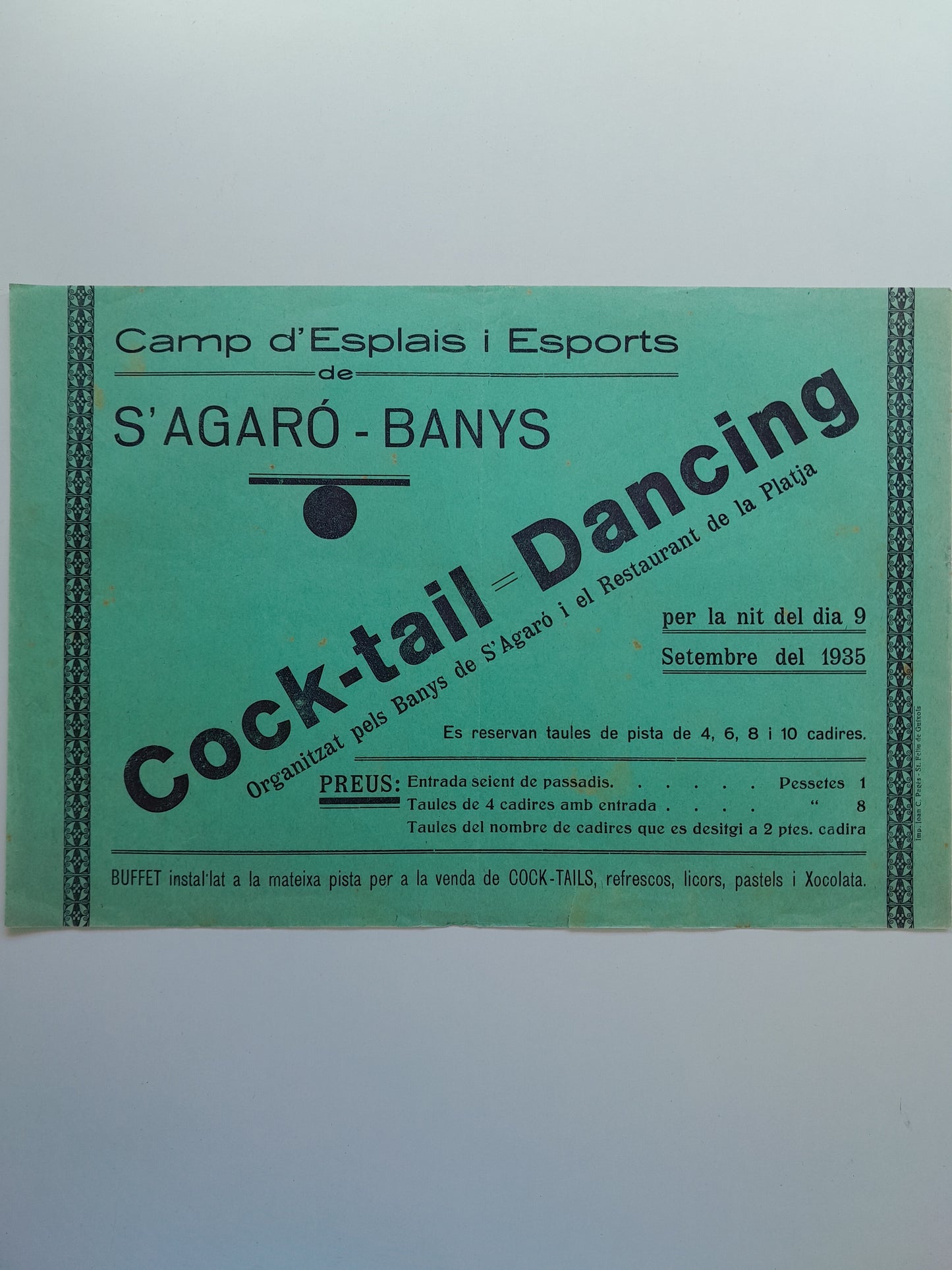 PROGRAMA COCK-TAIL DANCING CAMP ESPLAIS I ESPORTS BANYS DE S'AGARÓ (SANT FELIU DE GUÍXOLS, c.1930)