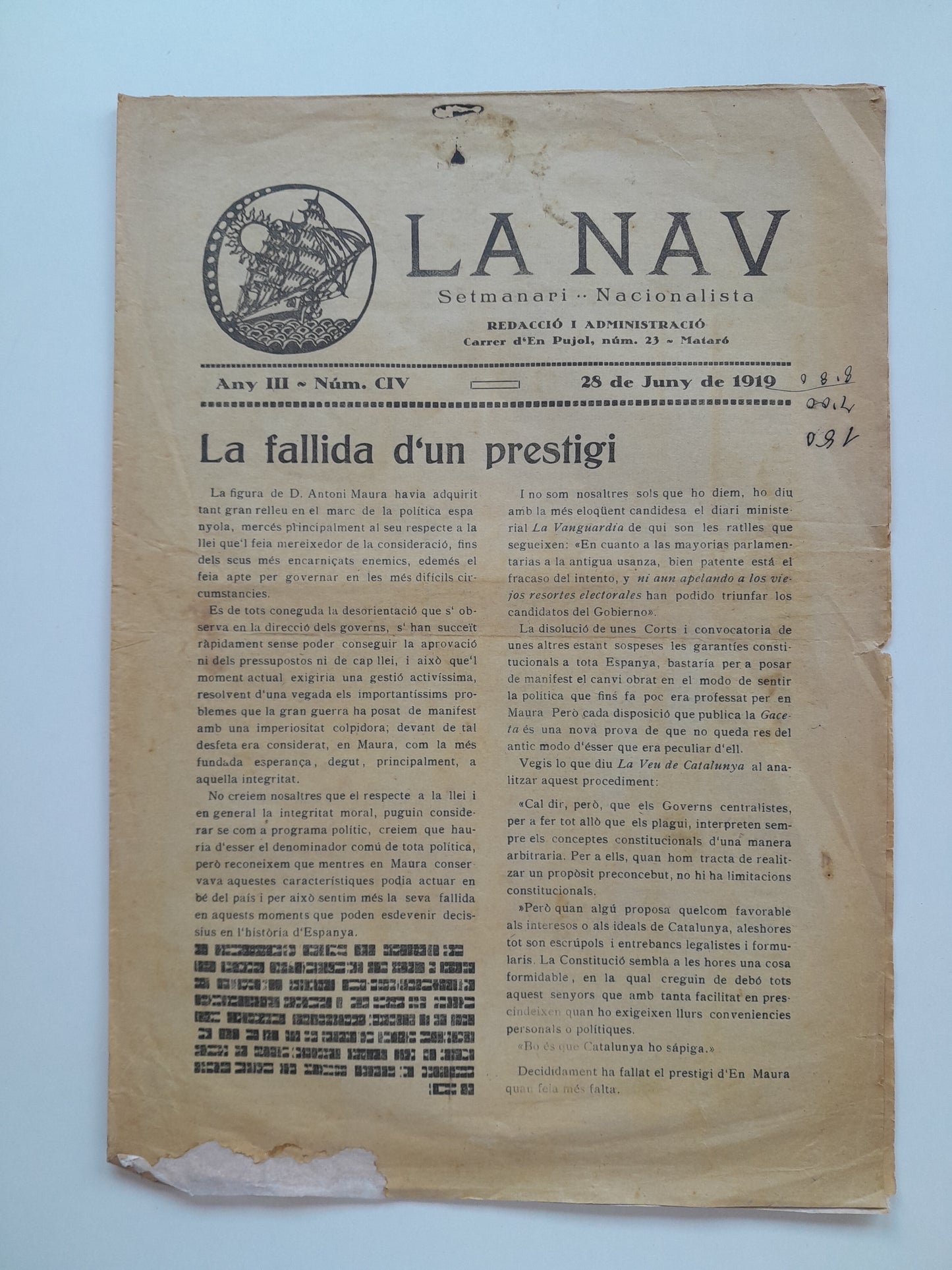 LA NAV. SETMANARI NACIONALISTA (MATARÓ) - ANY 3, NÚM. 104 (18 JUNY 1919)