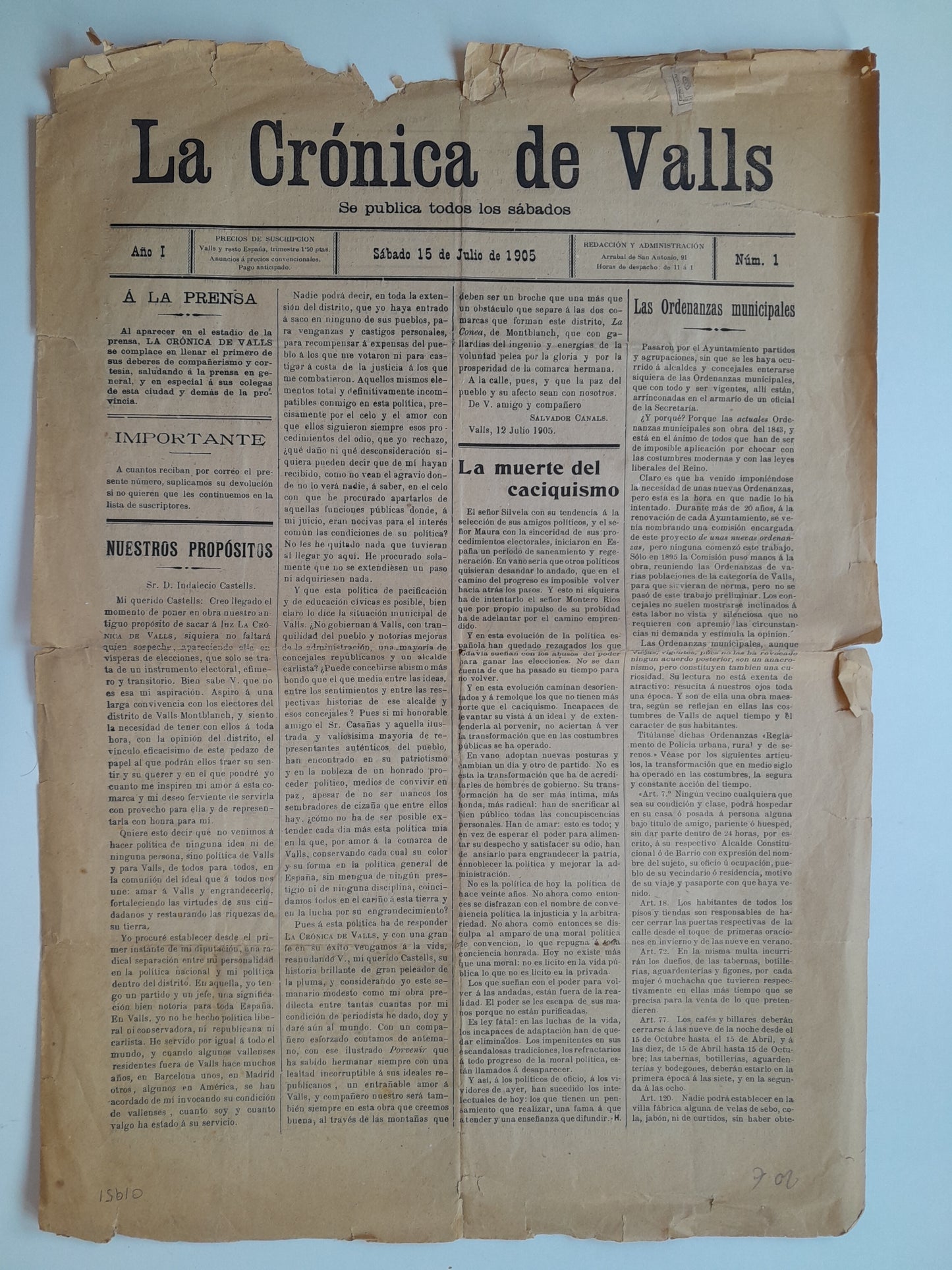 LA CRÓNICA DE VALLS (VALLS) - ANY 1, NÚM. 1 (15 JULIOL 1905)