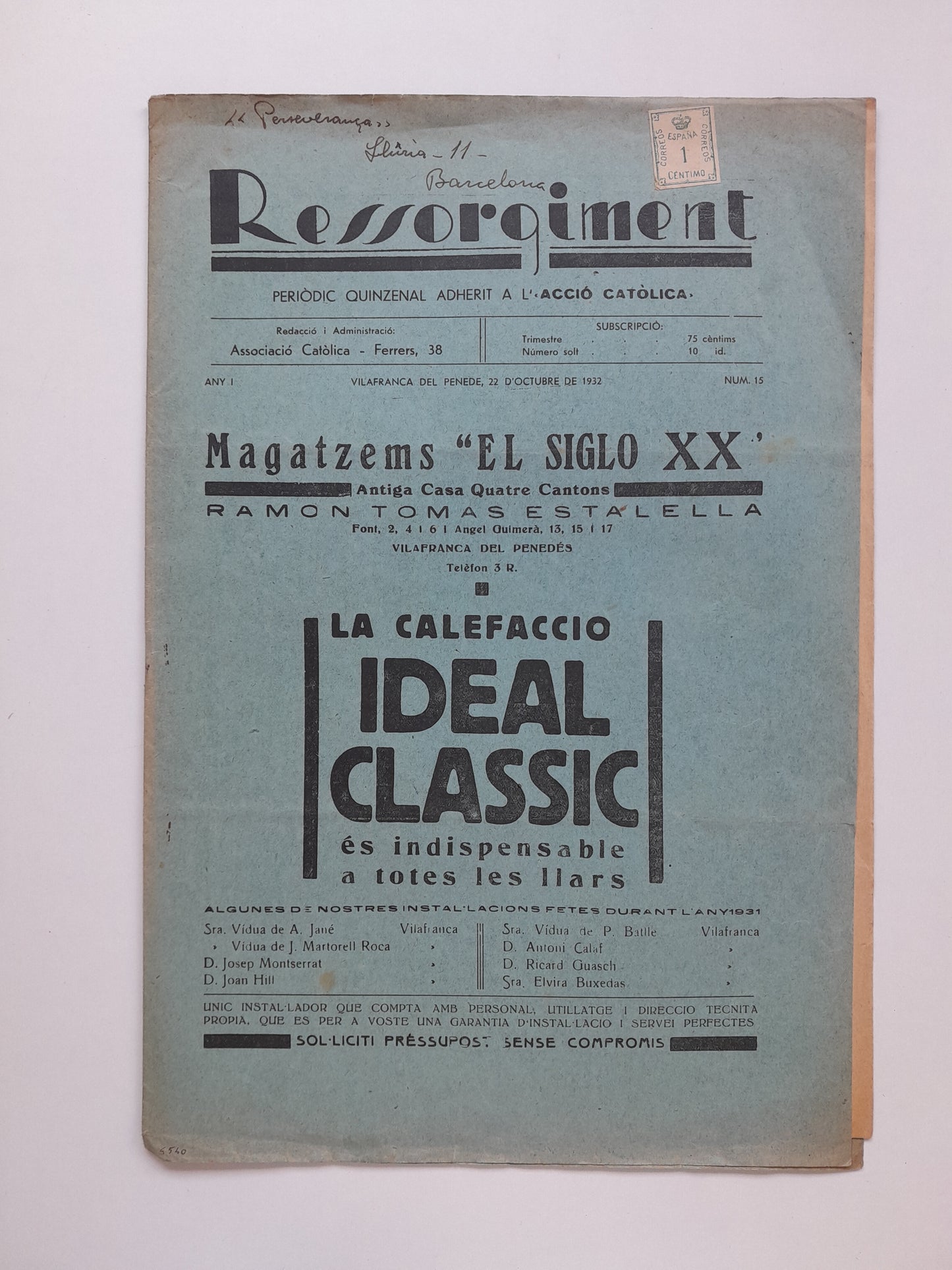 RESSORGIMENT (VILAFRANCA DEL PENEDÈS) - ANY 1, NÚM. 15 (22 OCTUBRE 1932)