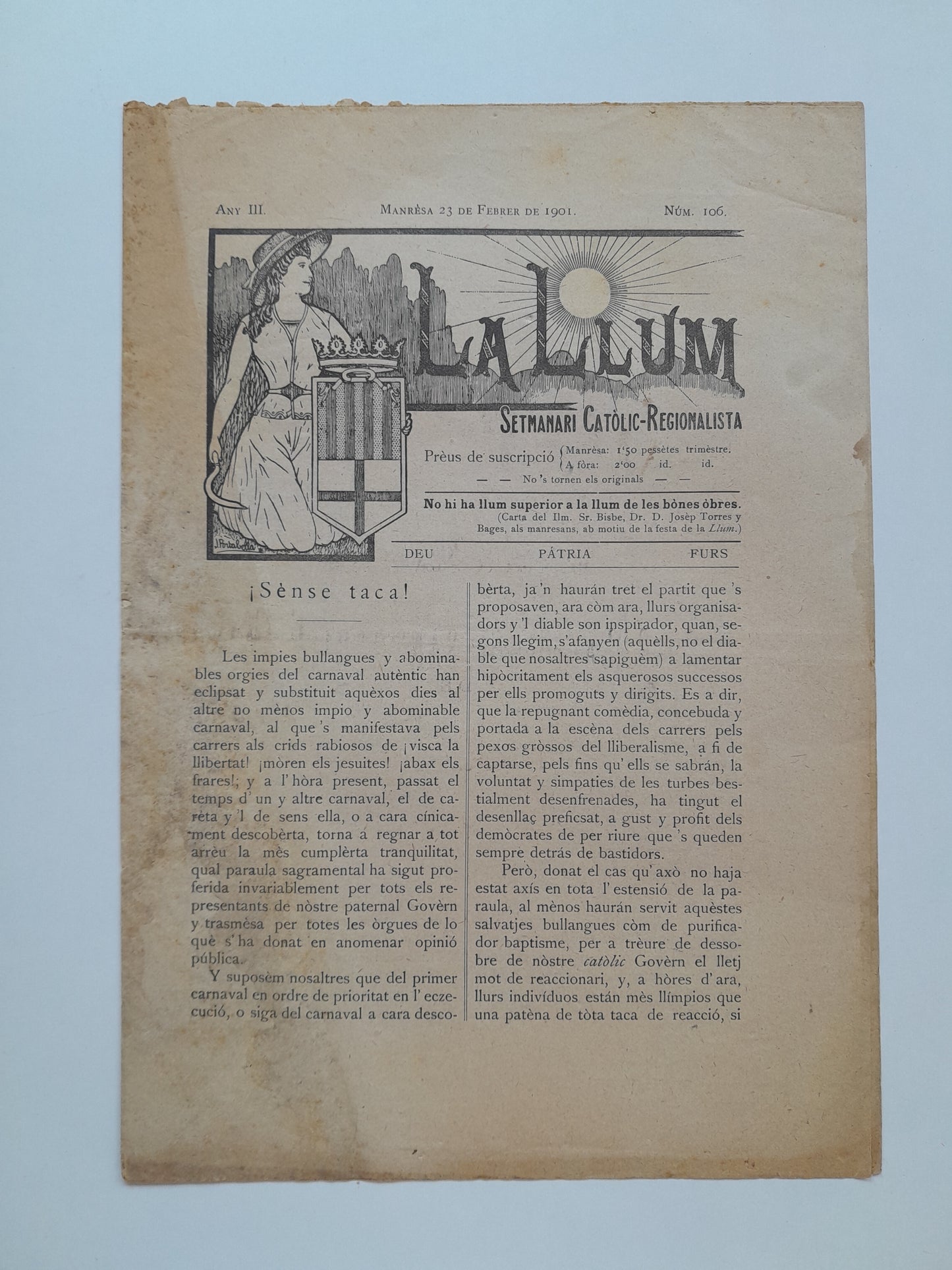 LA LLUM. SETMANARI CATÒLIC-REGIONALISTA (MANRESA) - ANY 3, NÚM. 106 (23 FEBRER 1901)