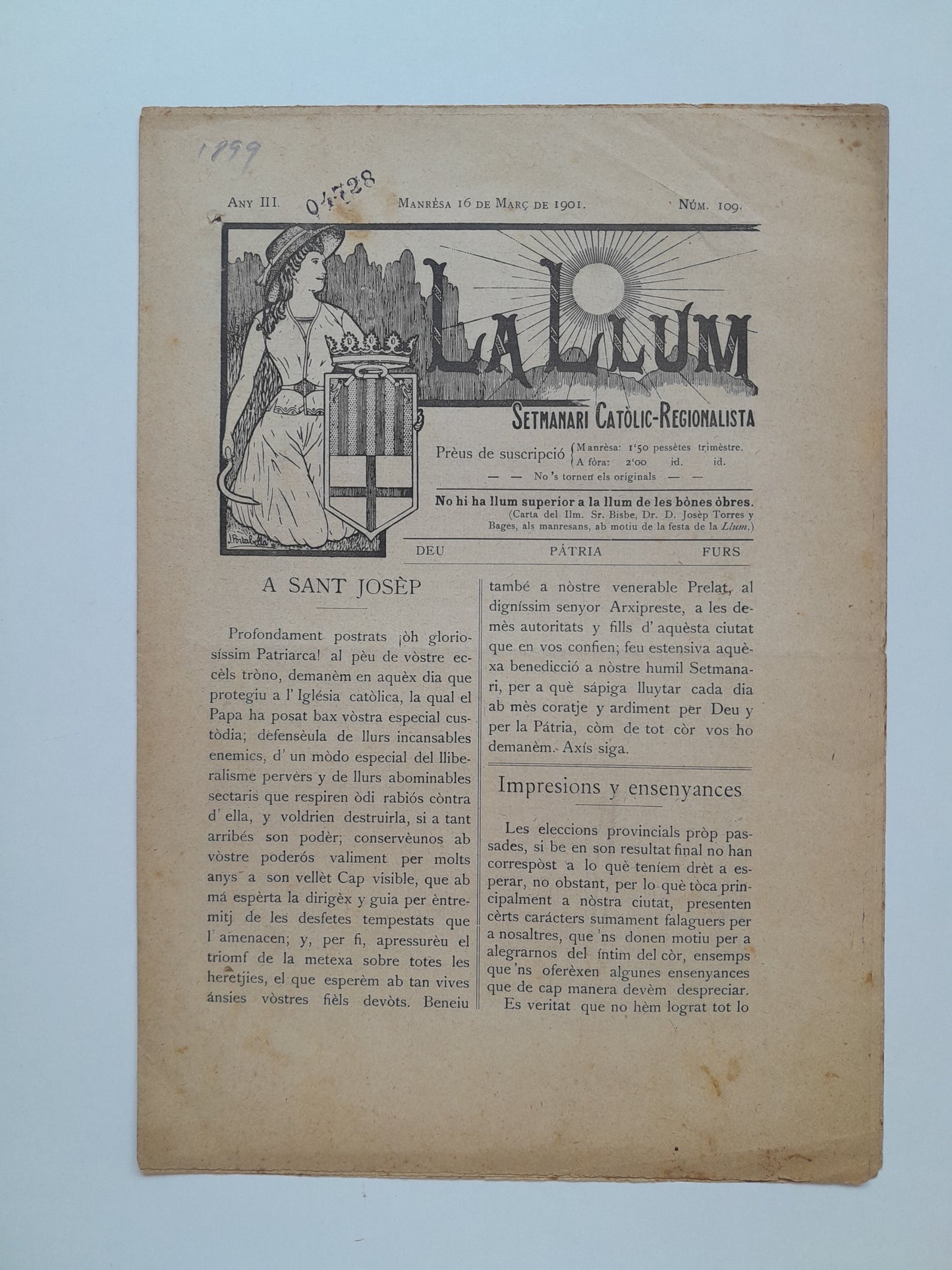 LA LLUM. SETMANARI CATÒLIC-REGIONALISTA (MANRESA) - ANY 3, NÚM. 109 (16 MARÇ 1901)