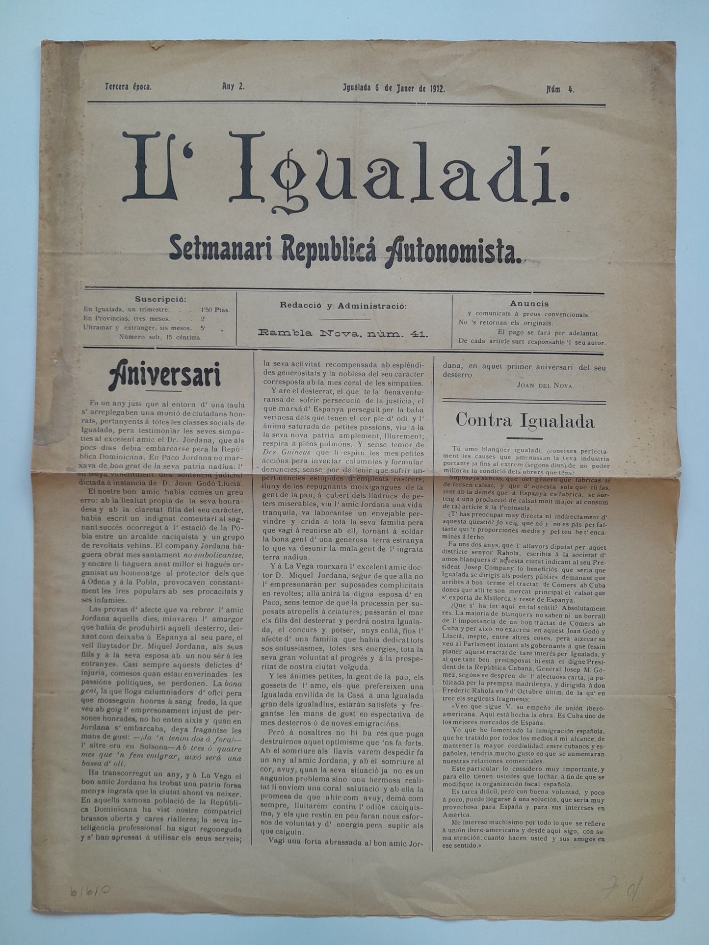 L'IGUALADÍ. SETMANARI REPUBLICÀ AUTONOMISTA (IGUALADA) - ANY 2, NÚM. 4 (6 GENER 1912)