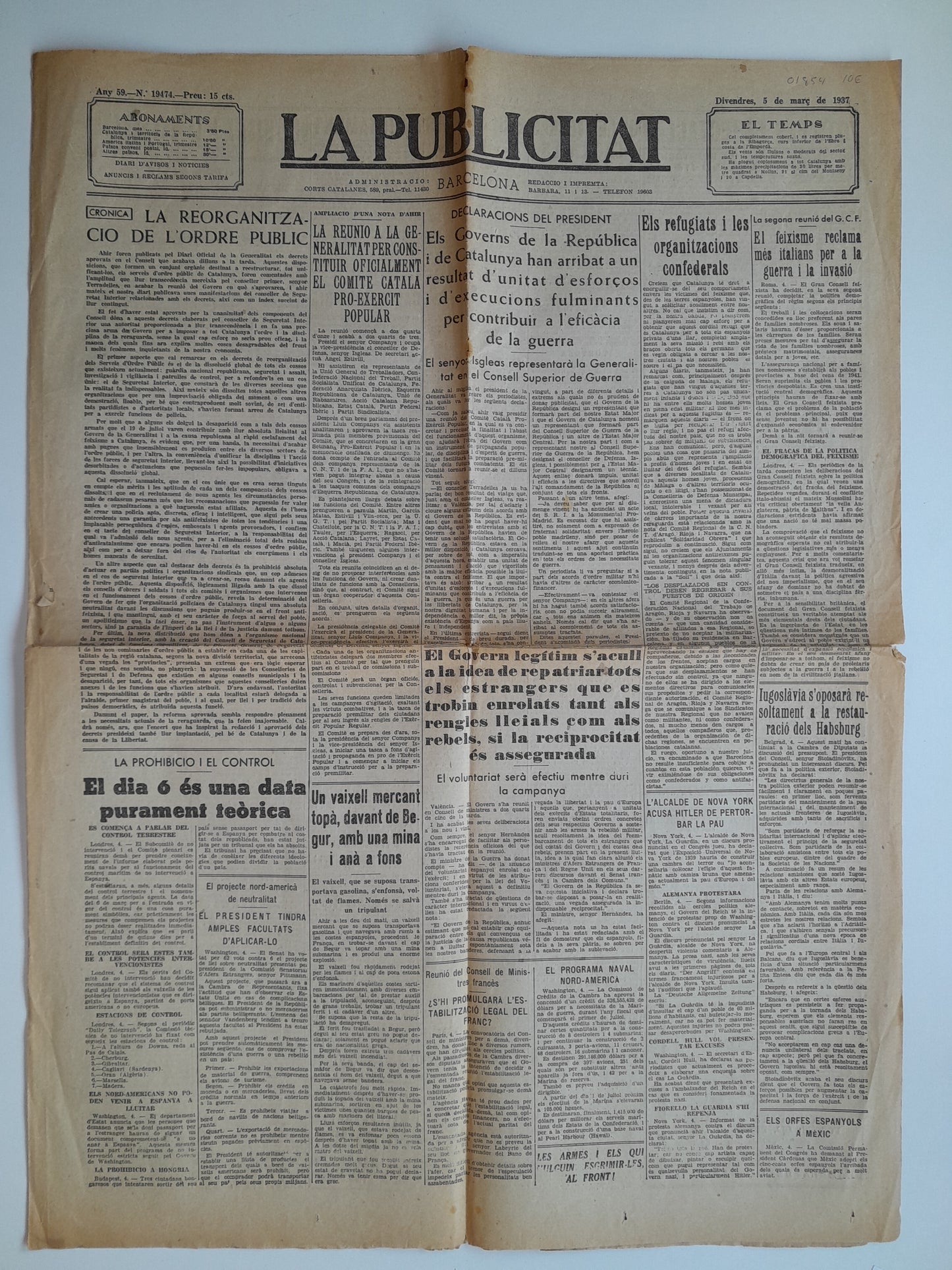 LA PUBLICITAT (BARCELONA) - ANY 59, NÚM. 19474 (5 MARÇ 1937)