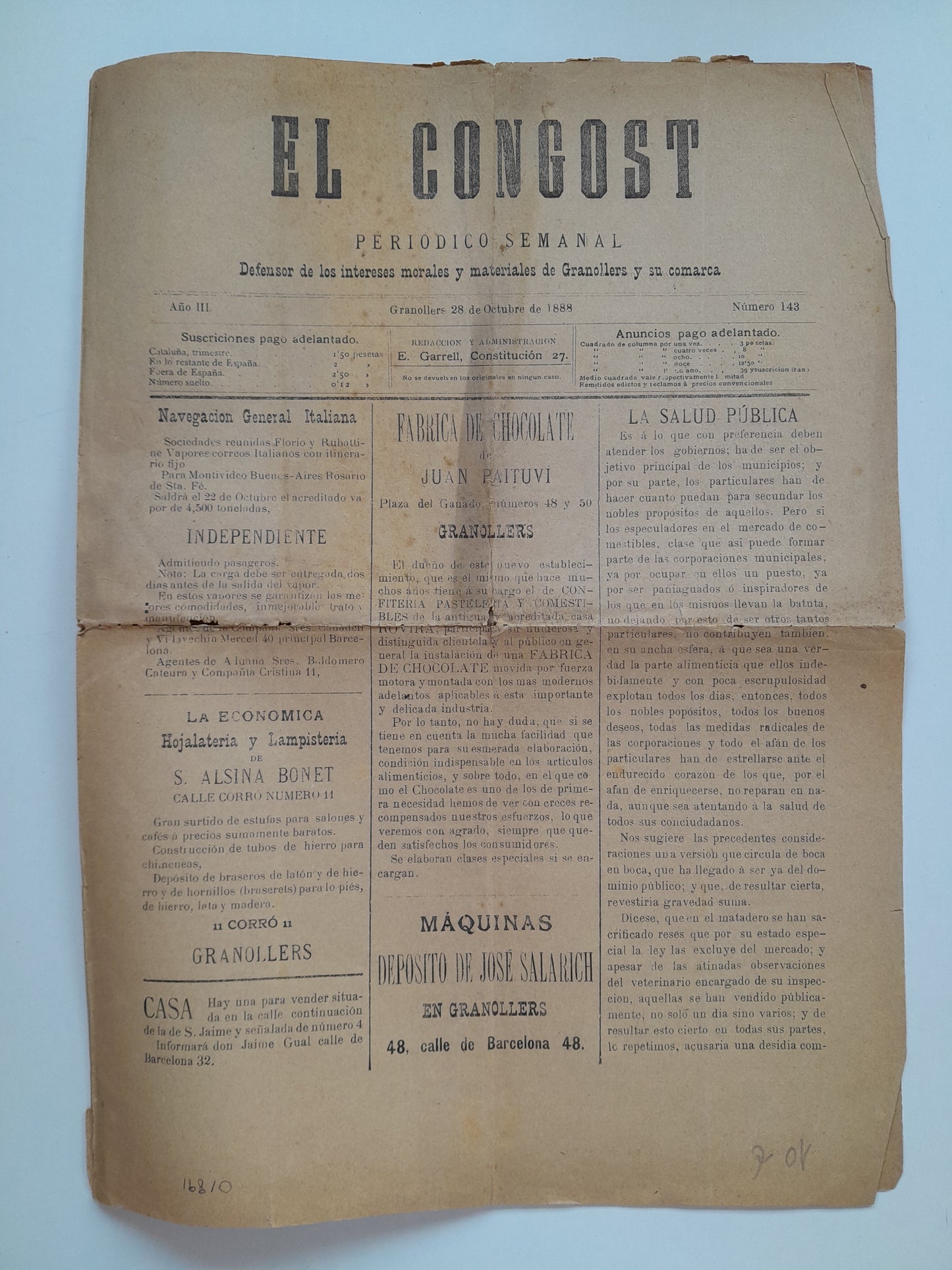 EL CONGOST (GRANOLLERS) - ANY 3, NÚM. 143 (28 OCTUBRE 1888)