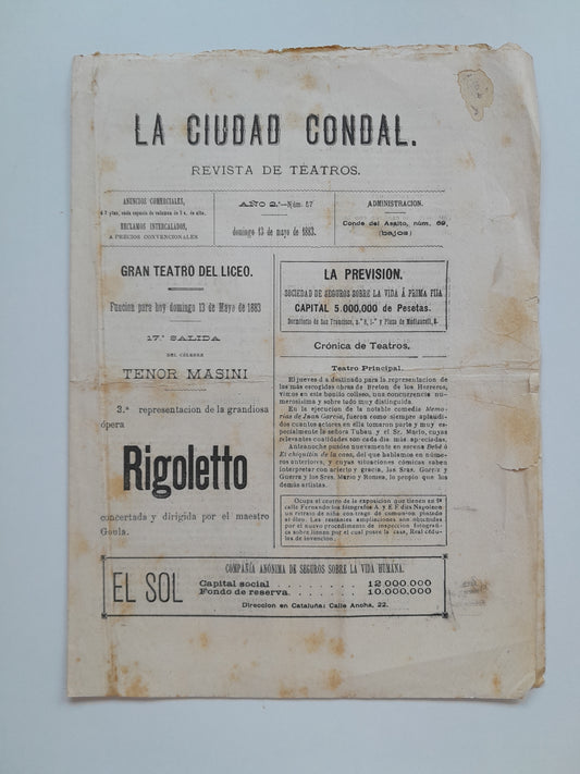 LA CIUDAD CONDAL. REVISTA DE TEATROS (BARCELONA) - ANY 2, NÚM. 57 (13 MAIG 1883)