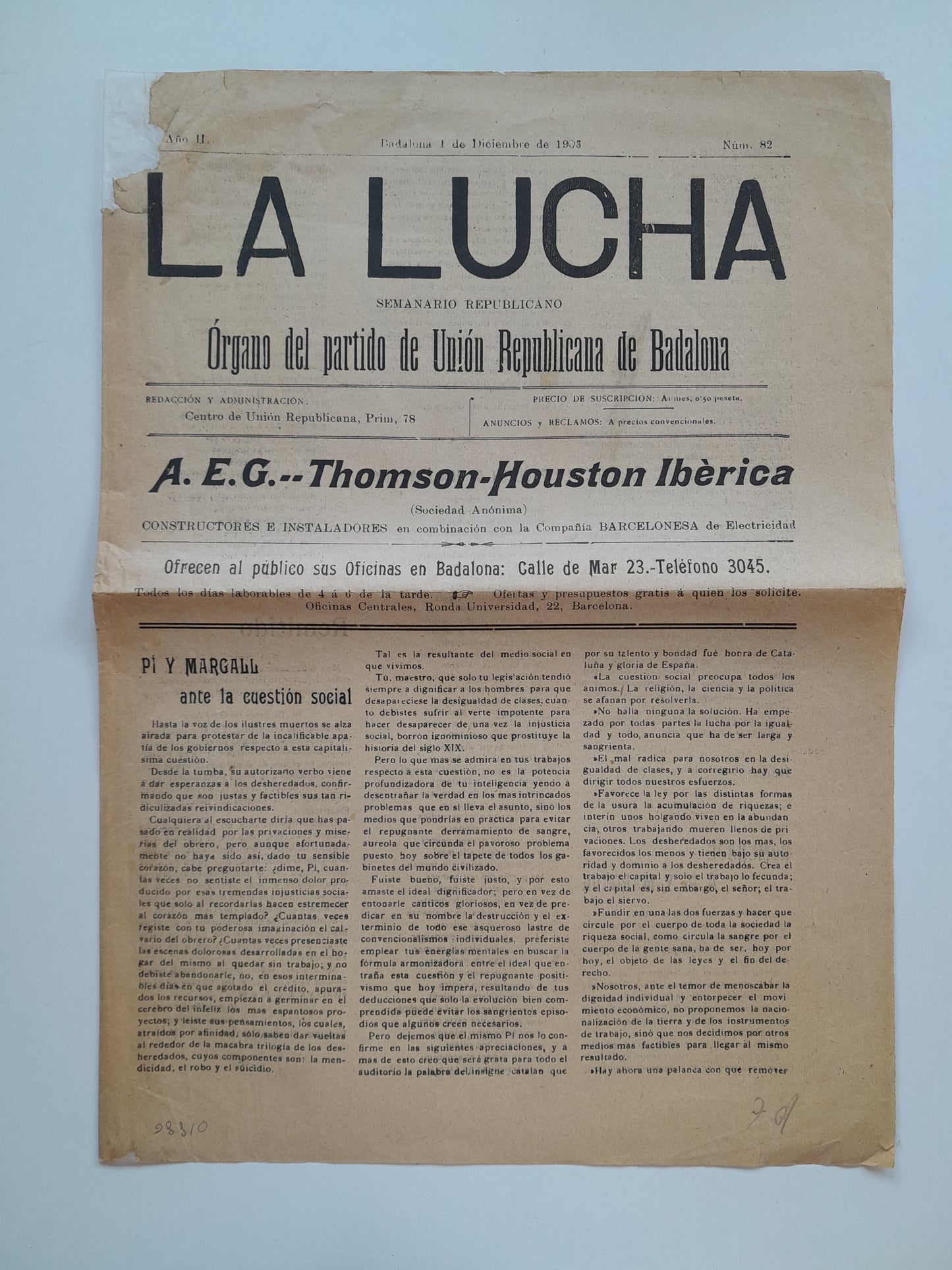 LA LUCHA. SEMANARIO REPUBLICANO (BADALONA) - ANY 2, NÚM. 82 (1 DESEMBRE 1903)
