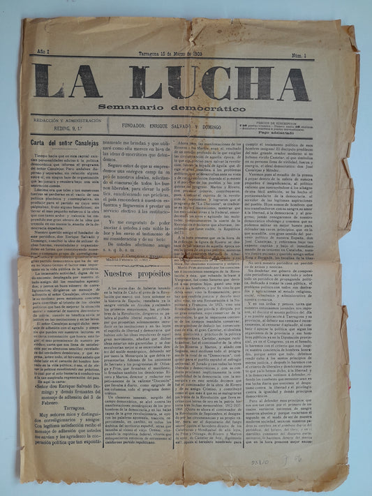 LA LUCHA. SEMANARIO DEMOCRÁTICO (TARRAGONA) - ANY 1, NÚM. 1 (15 MARÇ 1907)