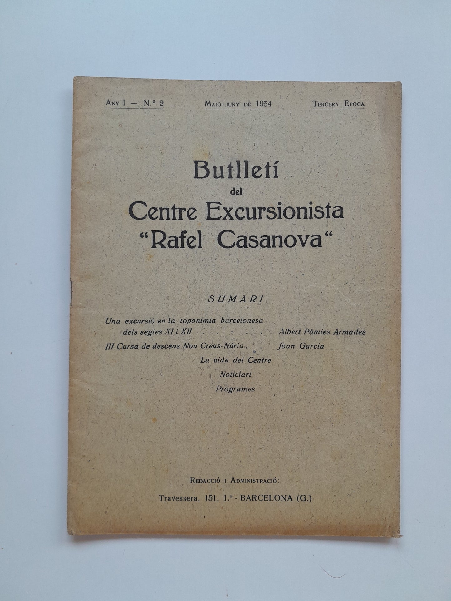 BUTLLETÍ DEL CENTRE EXCURSIONISTA RAFEL CASANOVA (BARCELONA) - ANY 1, NÚM. 2 (MAIG-JUNY 1934)