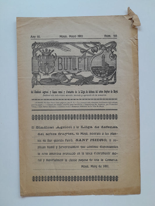 BUTLLETÍ DEL SÍNDIC AGRÍCOL I CAXES RURAL I D'ESTALVIS DE MOYÀ (MOIÀ) - ANY 3, NÚM. 26 (MAIG 1911)