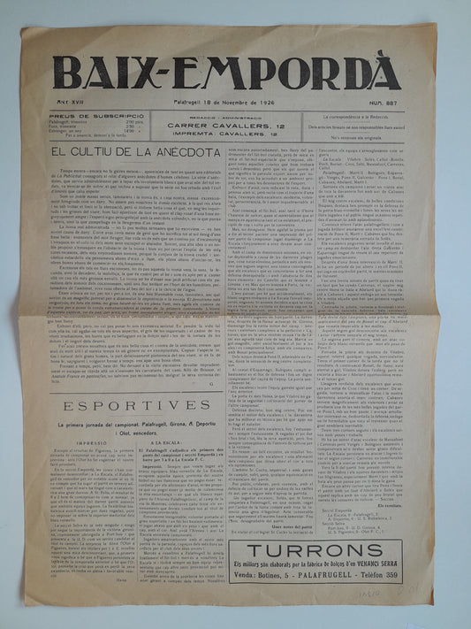 BAIX EMPORDÀ (PALAFRUGELL) - ANY 18, NÚM. 887 (18 NOVEMBRE 1926)