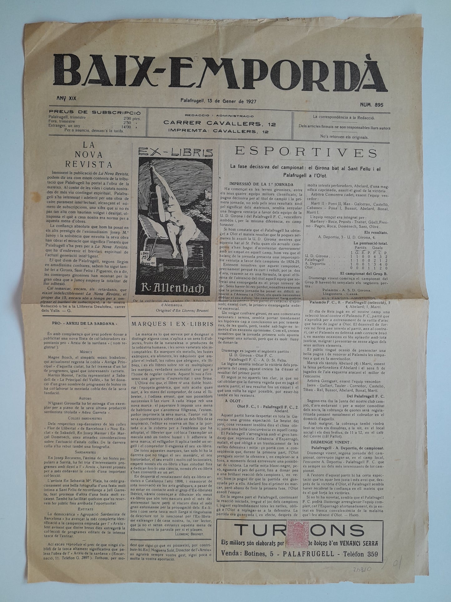 BAIX EMPORDÀ (PALAFRUGELL) - ANY 19, NÚM. 895 (13 GENER 1927)