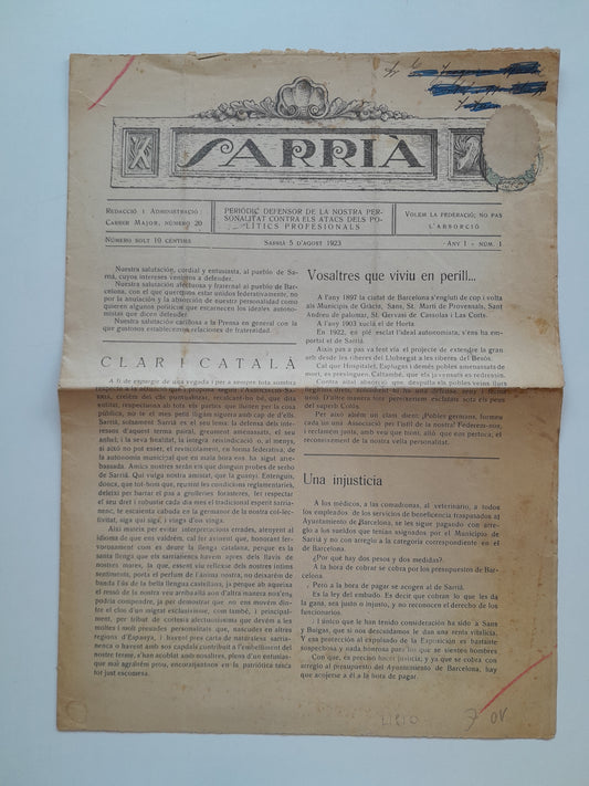 SARRIÀ (BARCELONA) - ANY 1, NÚM. 1 (5 AGOST 1923)