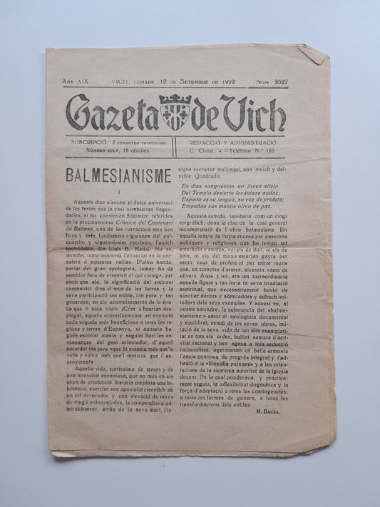 GAZETA DE VICH (VIC) - ANY 19, NÚM. 2527 (12 SETEMBRE 1922)