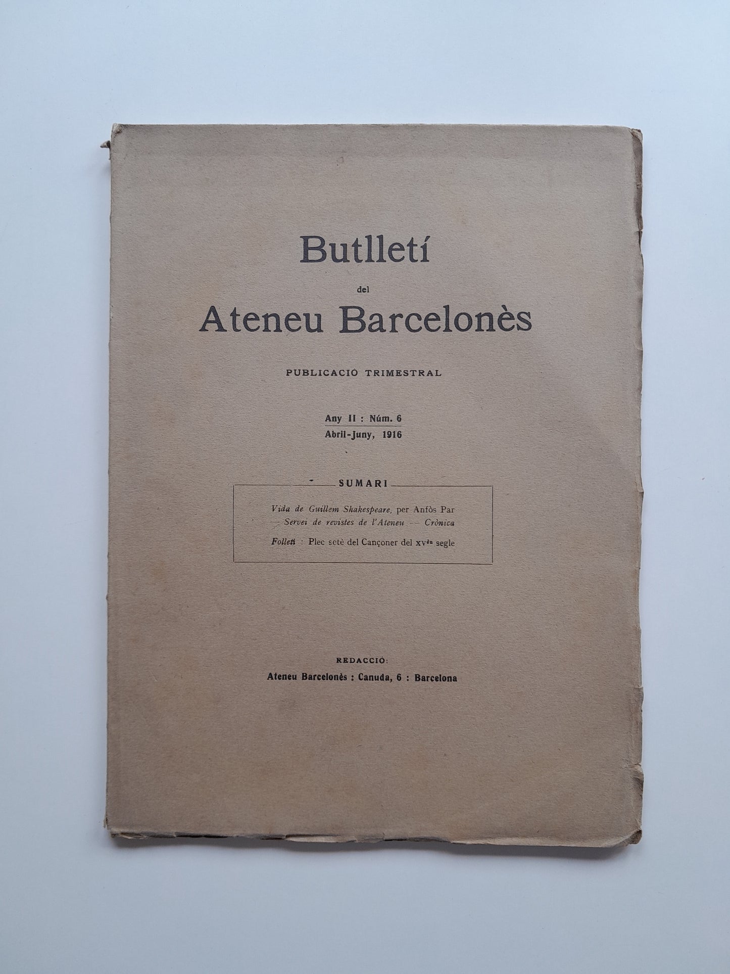 BUTLLETÍ DEL ATENEU BARCELONÈS (BARCELONA) - ANY 2, NÚM. 6 (ABRIL-JUNY 1916)