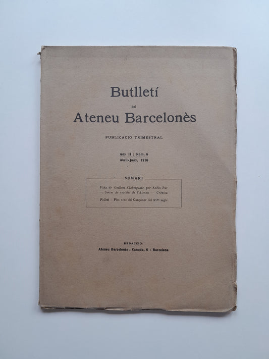 BUTLLETÍ DEL ATENEU BARCELONÈS (BARCELONA) - ANY 2, NÚM. 6 (ABRIL-JUNY 1916)