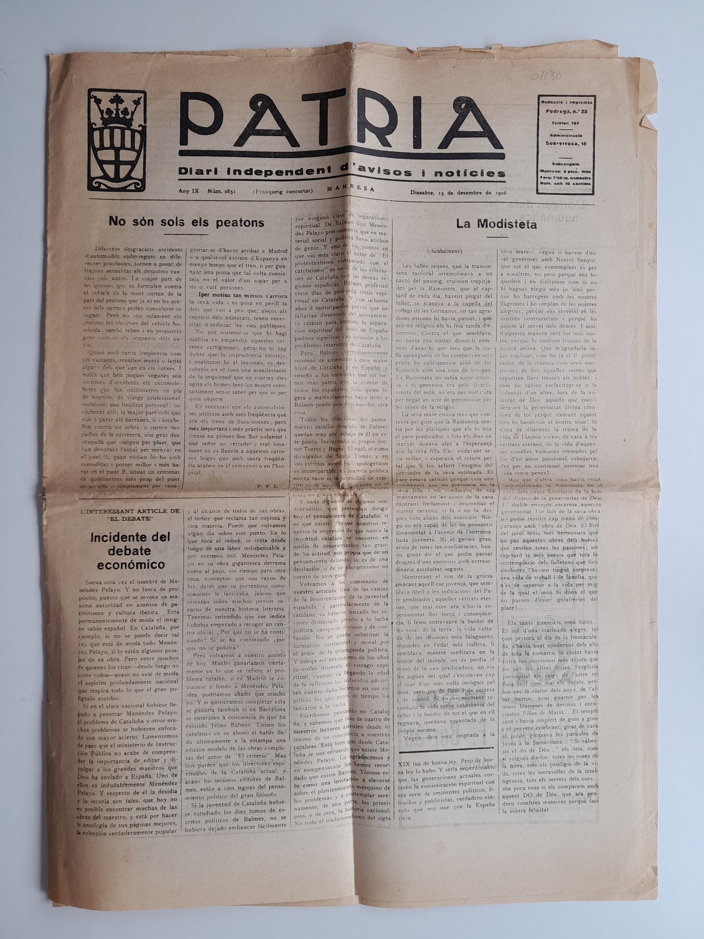 PATRIA (MANRESA) - ANY 9, NÚM. 2851 (15 DESEMBRE 1928)