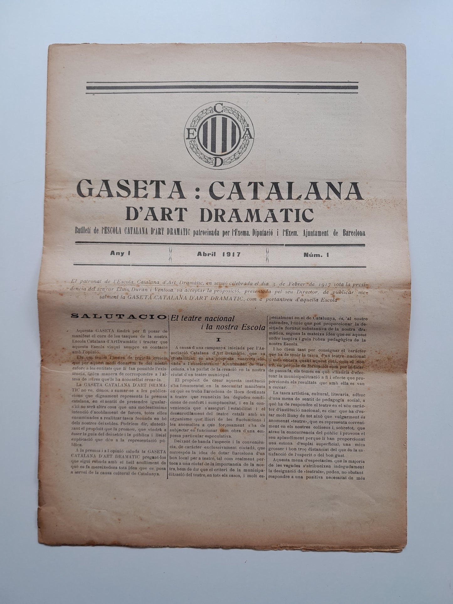 GASETA CATALANA D'ART DRAMÀTIC (BARCELONA) - ANY 1, NÚM. 1 (ABRIL 1917)