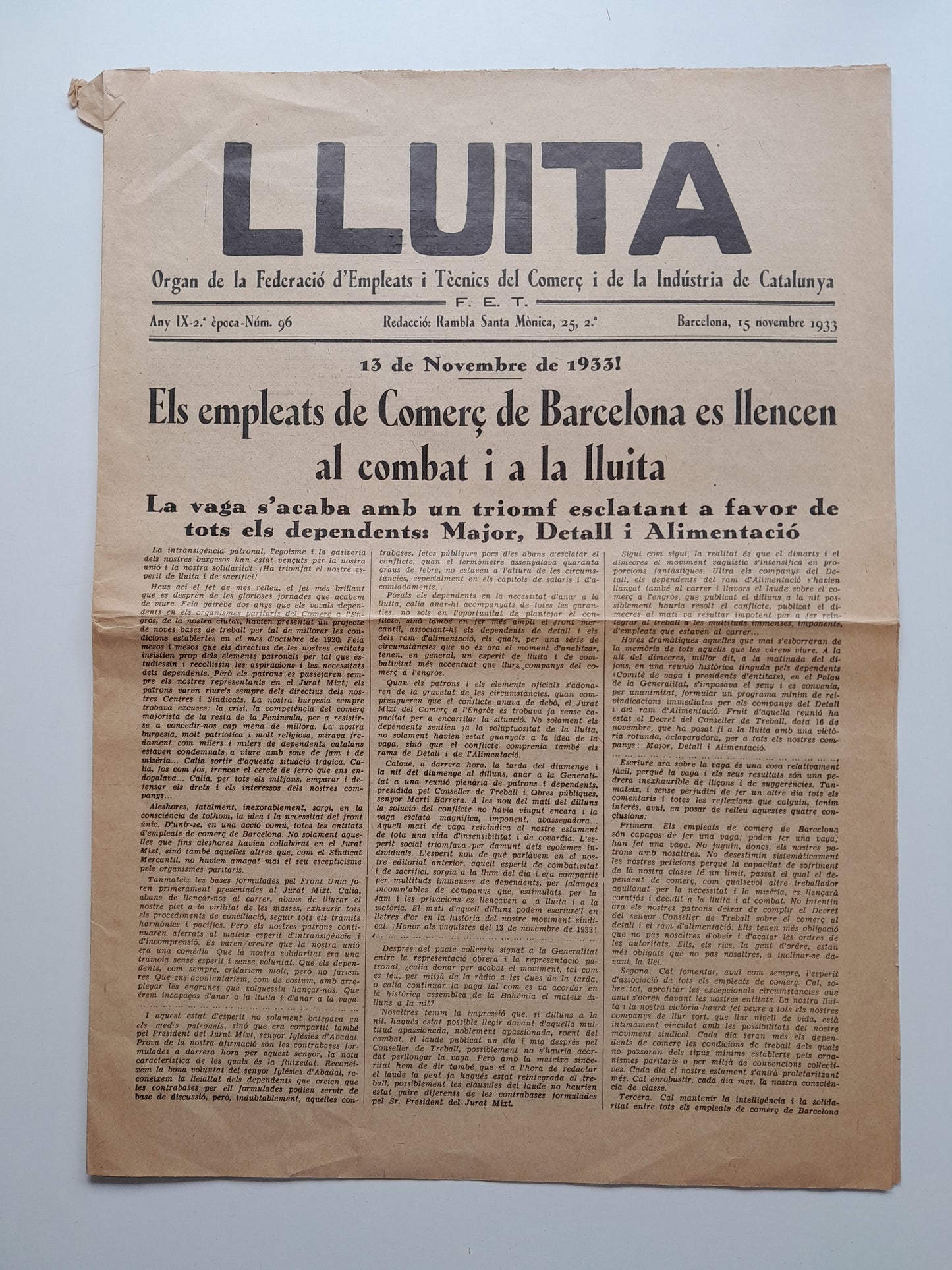 LLUITA (BARCELONA) - ANY 9, NÚM. 96 (15 NOVEMBRE 1933)