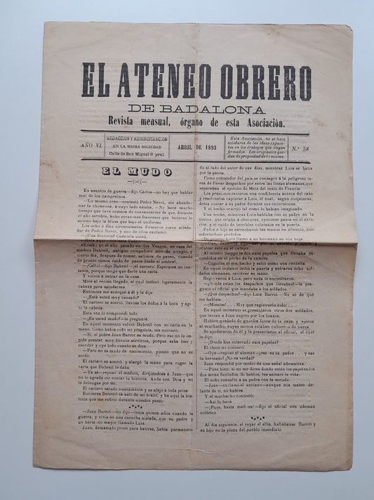 EL ATENEO OBRERO DE BADALONA (BADALONA) - ANY 6, NÚM. 58 (ABRIL 1893)