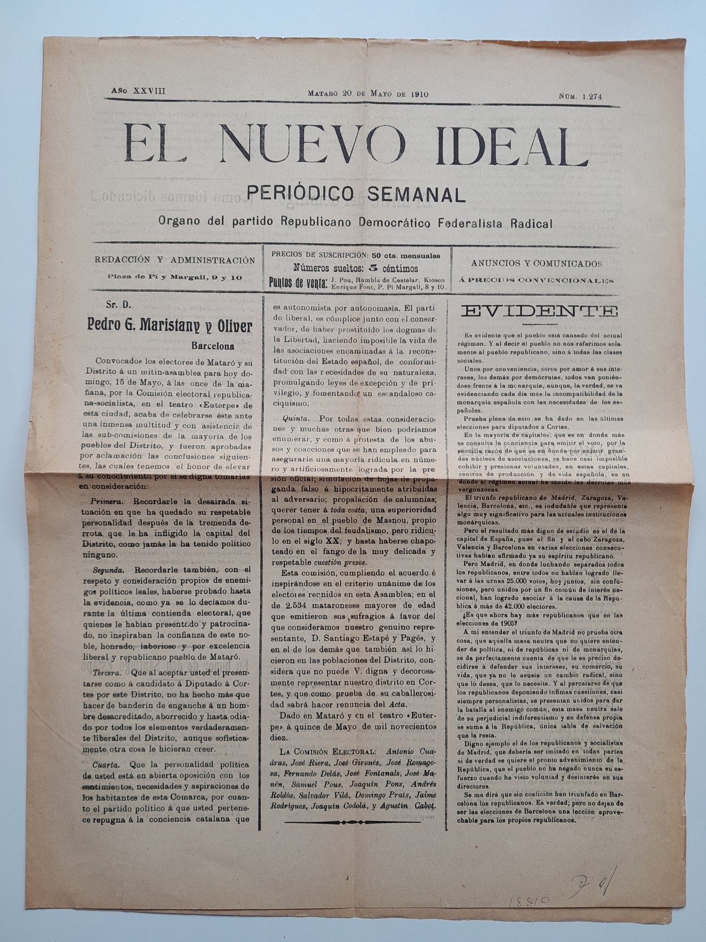 EL NUEVO IDEAL (MATARÓ) - ANY 28, NÚM. 1274 (20 MAIG 1910)