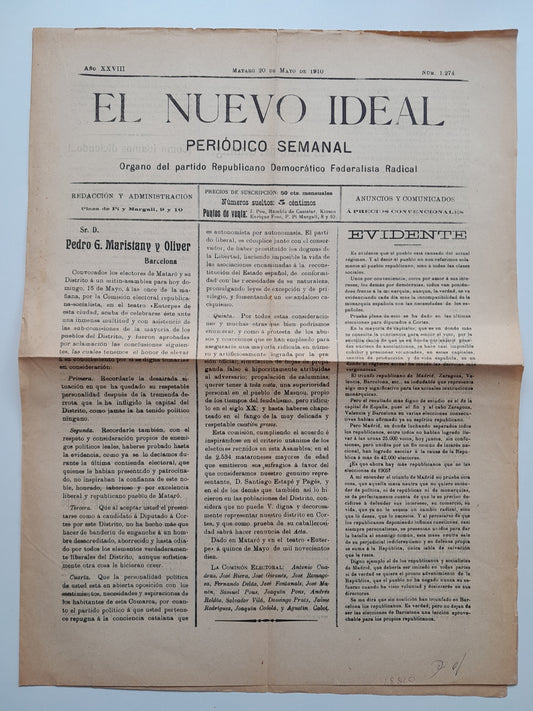 EL NUEVO IDEAL (MATARÓ) - ANY 28, NÚM. 1274 (20 MAIG 1910)