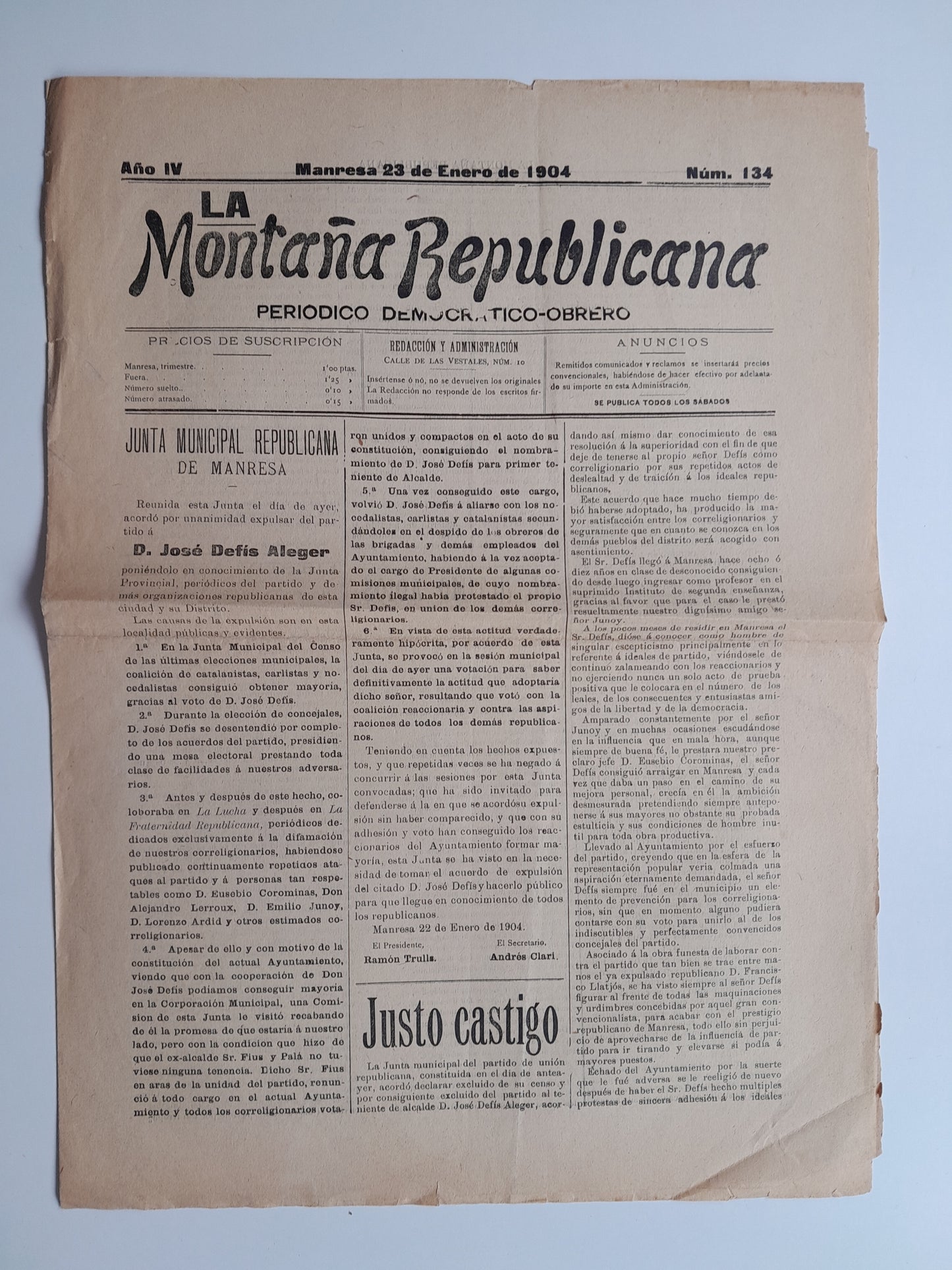 LA MONTAÑA REPUBLICANA (MANRESA) - ANY 4, NÚM. 134 (23 GENER 1904)