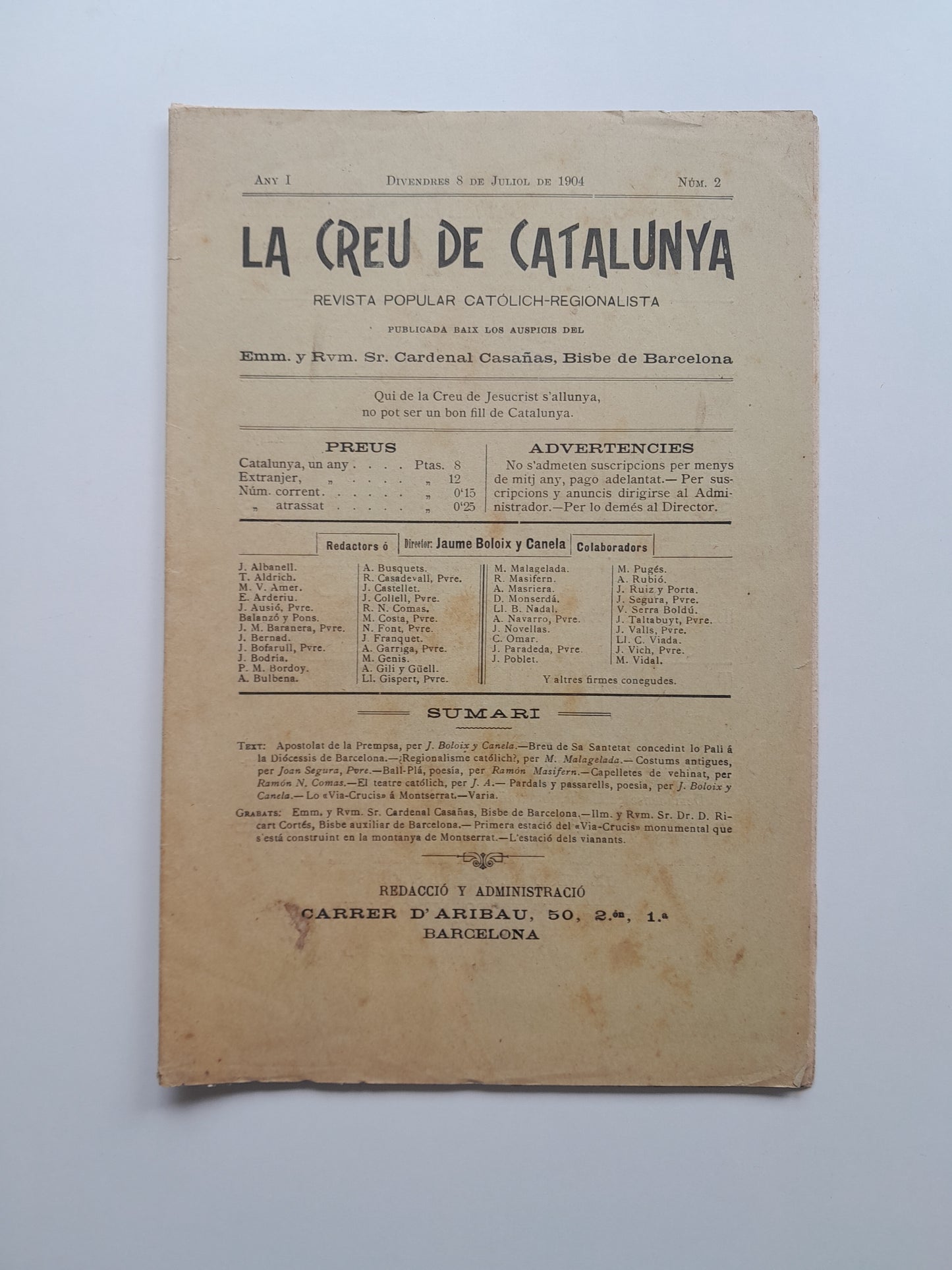 LA CREU DE CATALUNYA (BARCELONA) - ANY 1, NÚM. 2 (8 JULIOL 1904)